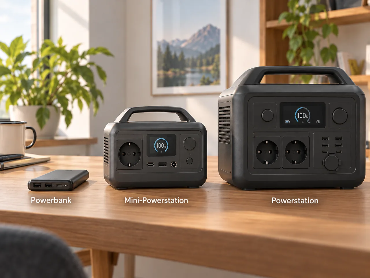 Illustration: Größenvergleich von Powerbank, Mini-Powerstation und klassischer Powerstation