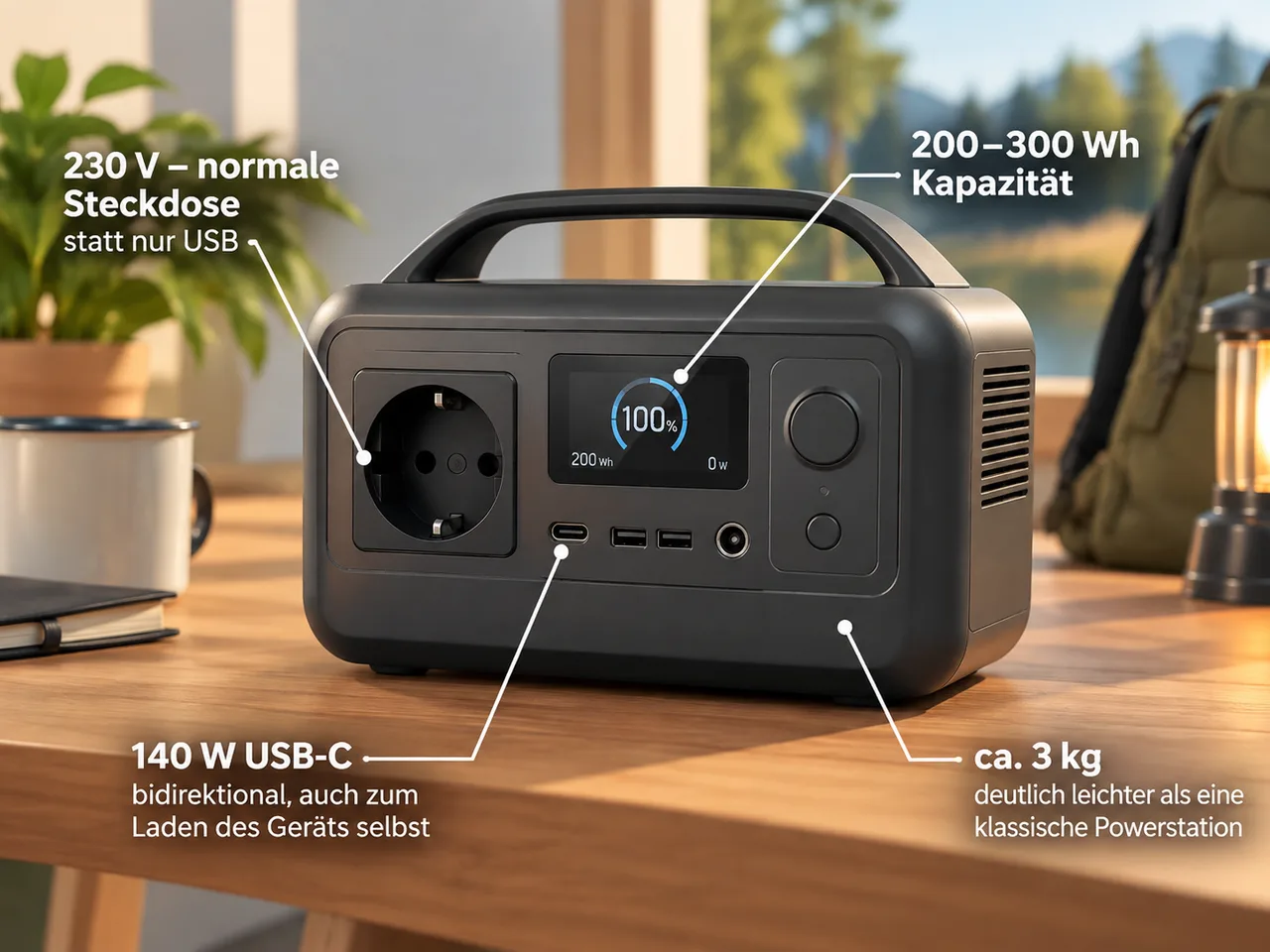 Illustration: Merkmale einer Mini-Powerstation mit Beschriftung von 230-V-Ausgang, bidirektionalem 140-W-USB-C, Gewicht und Kapazität