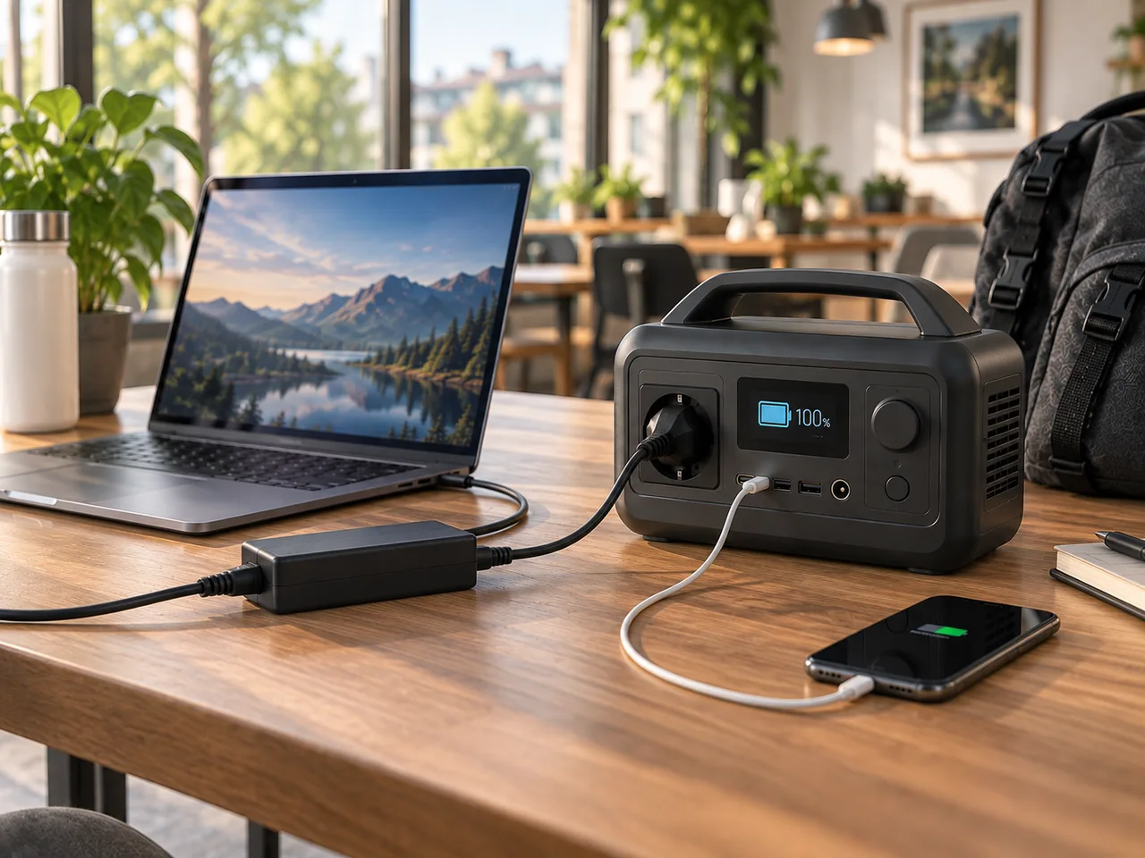Illustration: Mini-Powerstation lädt Laptop und Smartphone an einem Arbeitsplatz unterwegs