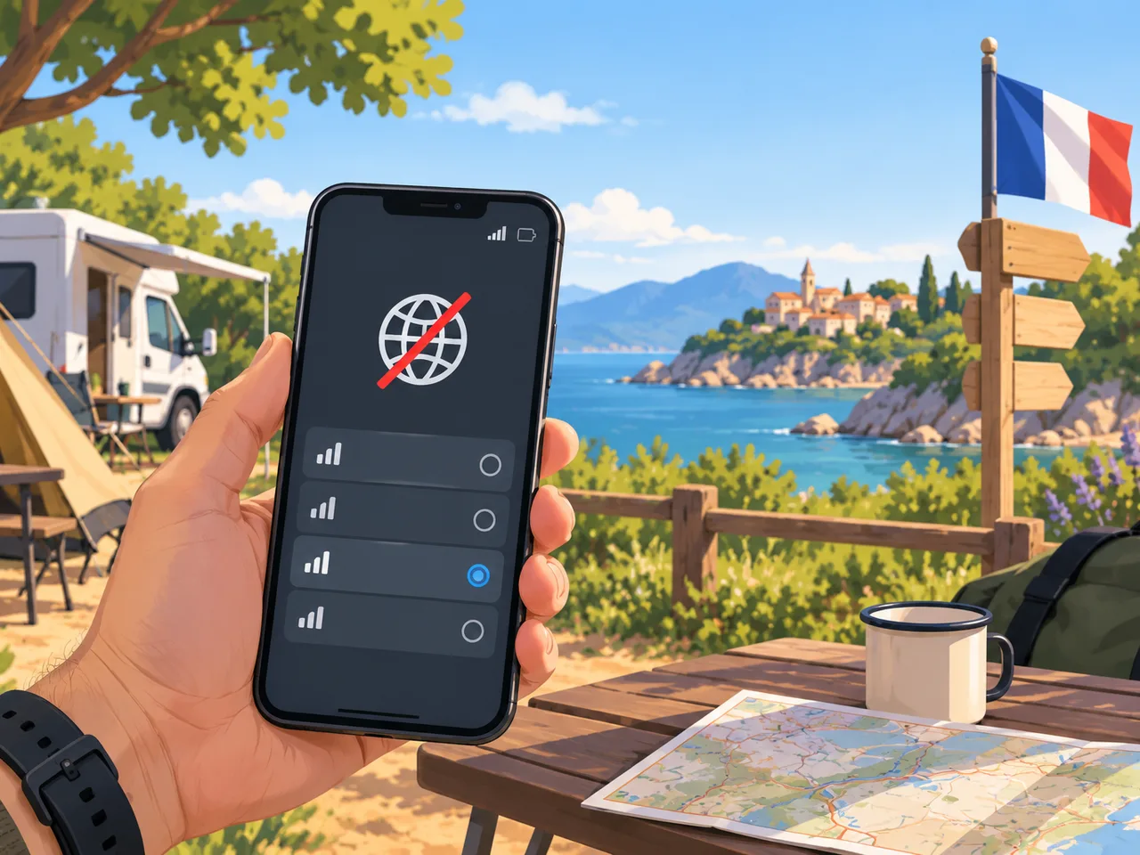 Smartphone am Campingplatz in Frankreich zeigt kein Internet trotz Empfang, Liste zur manuellen Netzwahl