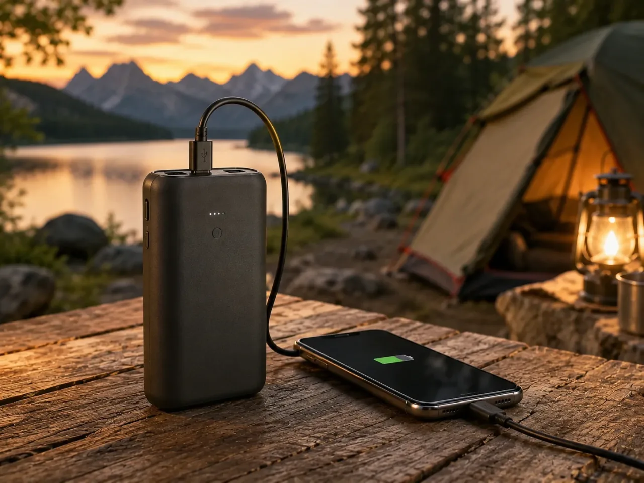 Illustration: Powerbank lädt ein Smartphone auf einem Campingtisch