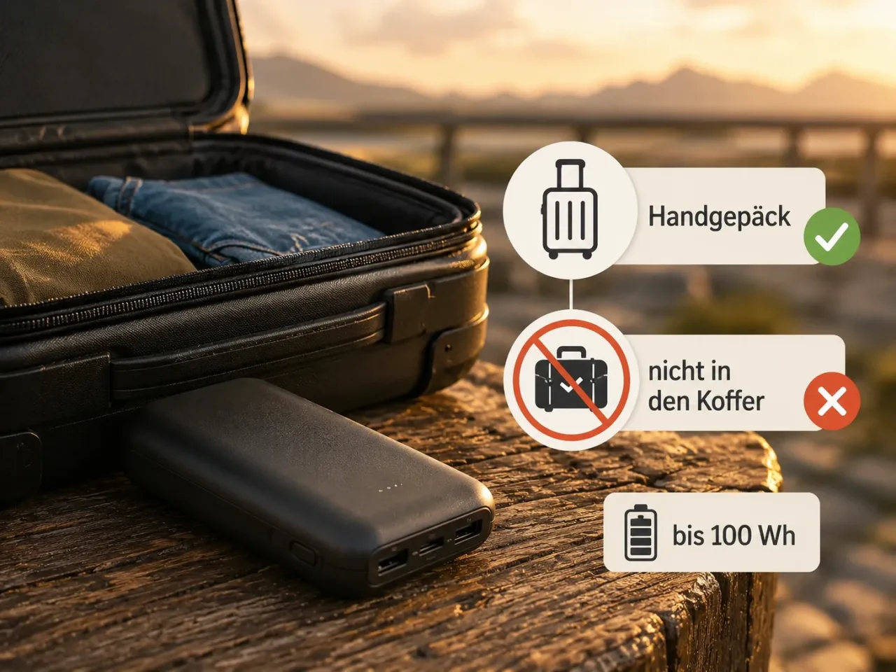 Illustration: Powerbank gehört ins Handgepäck, nicht in den Koffer, bis maximal 100 Wh