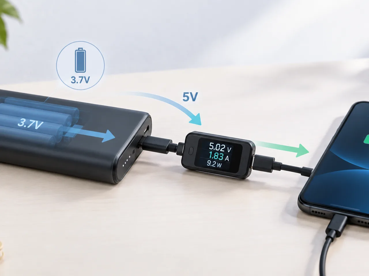 Illustration: Spannungswandlung einer Powerbank von 3,7 V auf 5 V, gemessen mit einem USB-Messgerät (5,02 V, 1,83 A, 9,2 W) beim Laden eines Smartphones