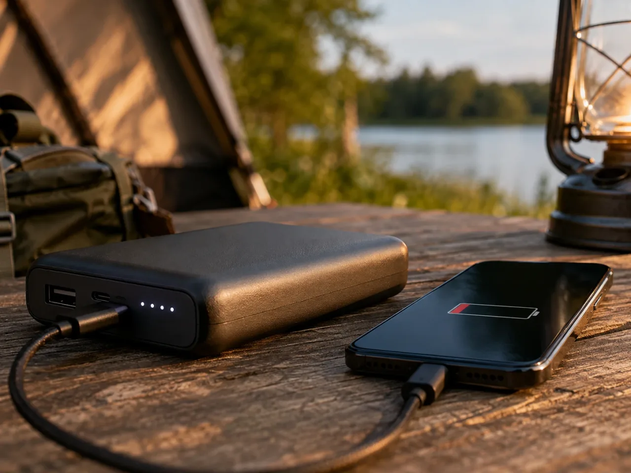 Powerbank mit angeschlossenem Ladekabel bei der Fehlersuche