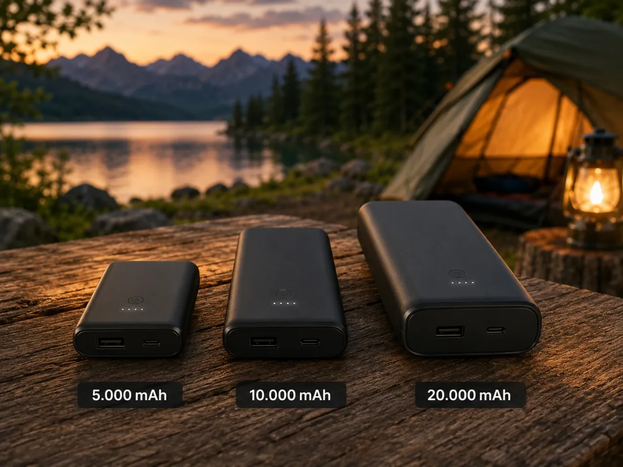 Illustration: Größenvergleich von Powerbanks mit 5.000, 10.000 und 20.000 mAh