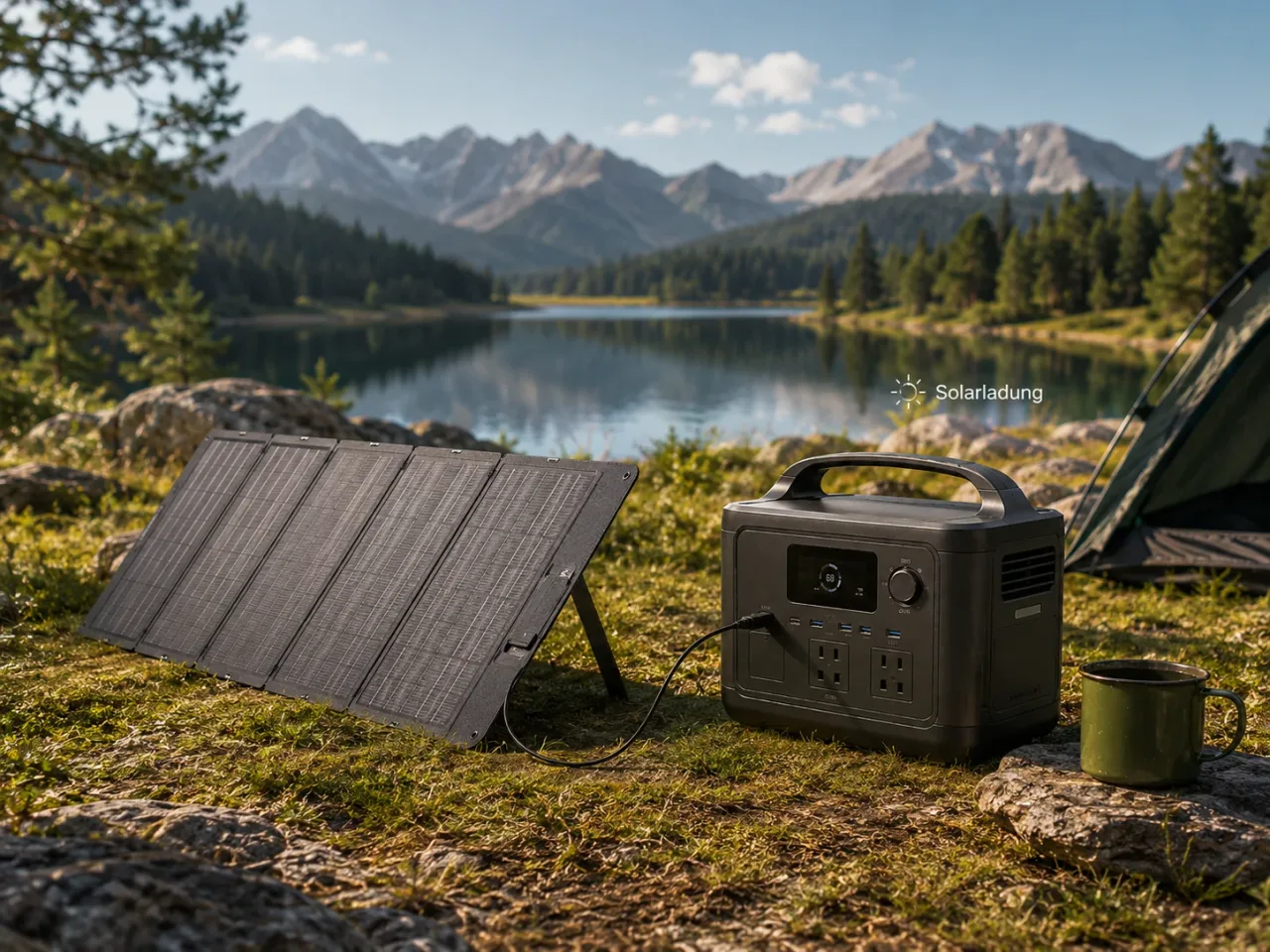 Illustration: Powerstation wird über ein faltbares Solarpanel am Bergsee geladen