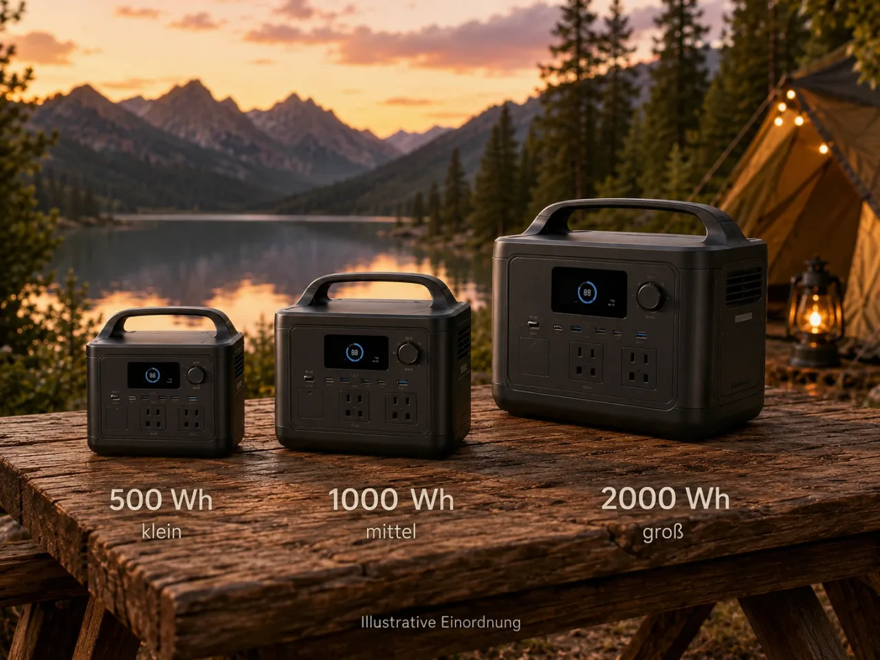 Illustration: Größenvergleich von Powerstations mit 500, 1000 und 2000 Wh