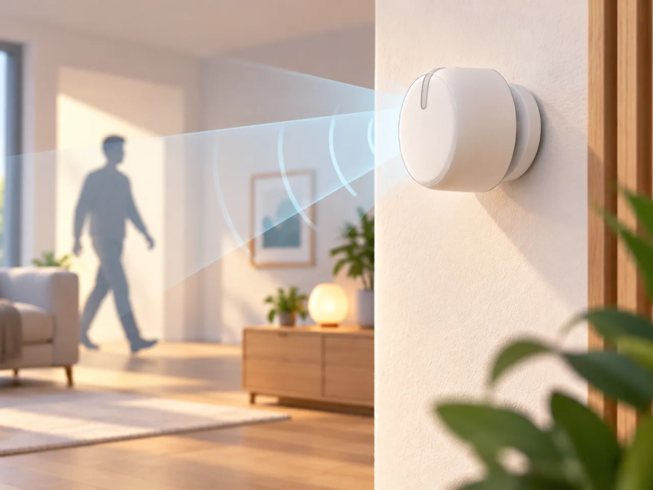Illustration: Weißer Präsenzsensor an einer Wohnzimmerwand erfasst mit einem Radarkegel eine durch den Raum gehende Person