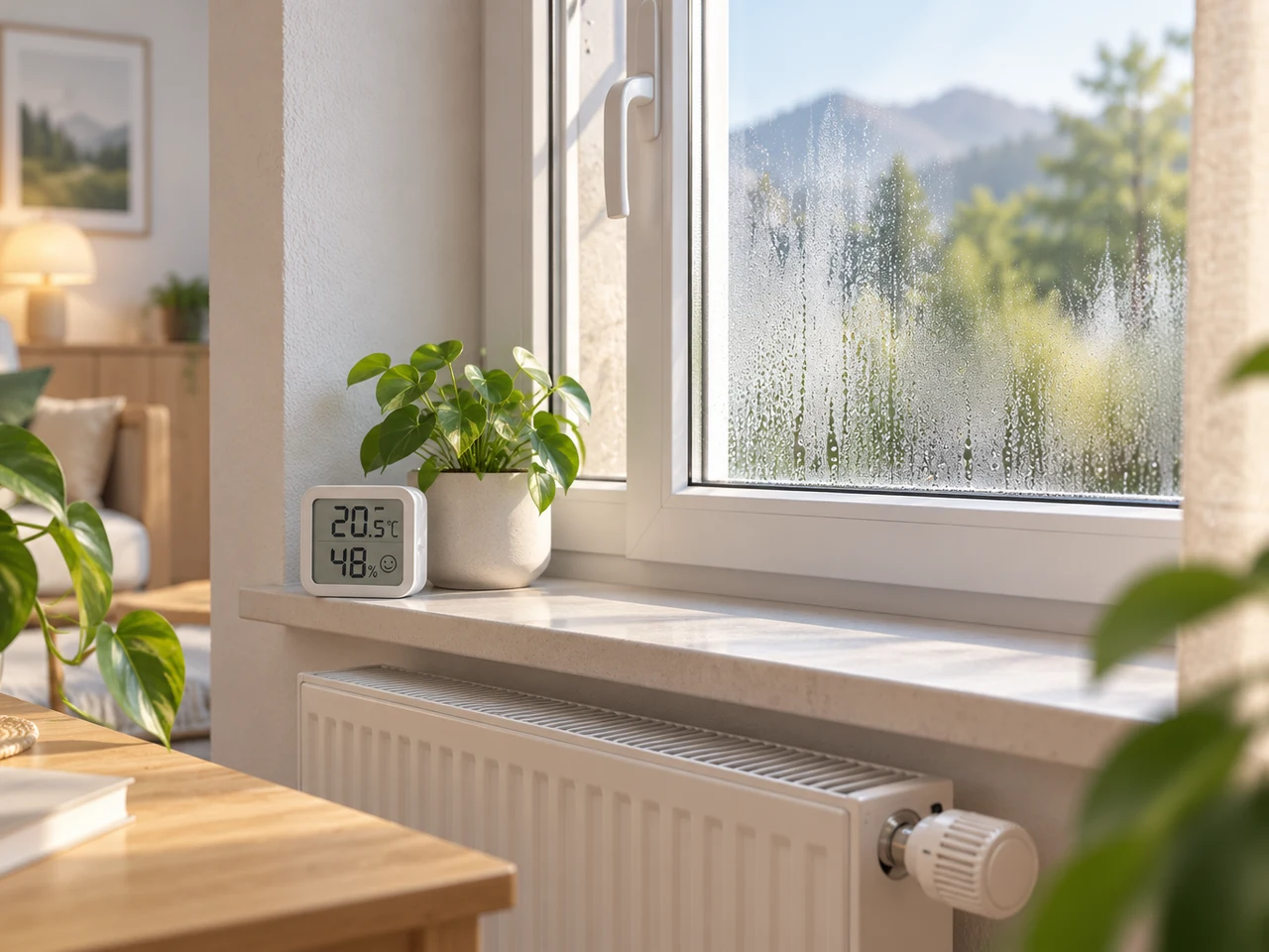 Illustration: Kondenswasser an einem Fenster mit Hygrometer und Heizkörper