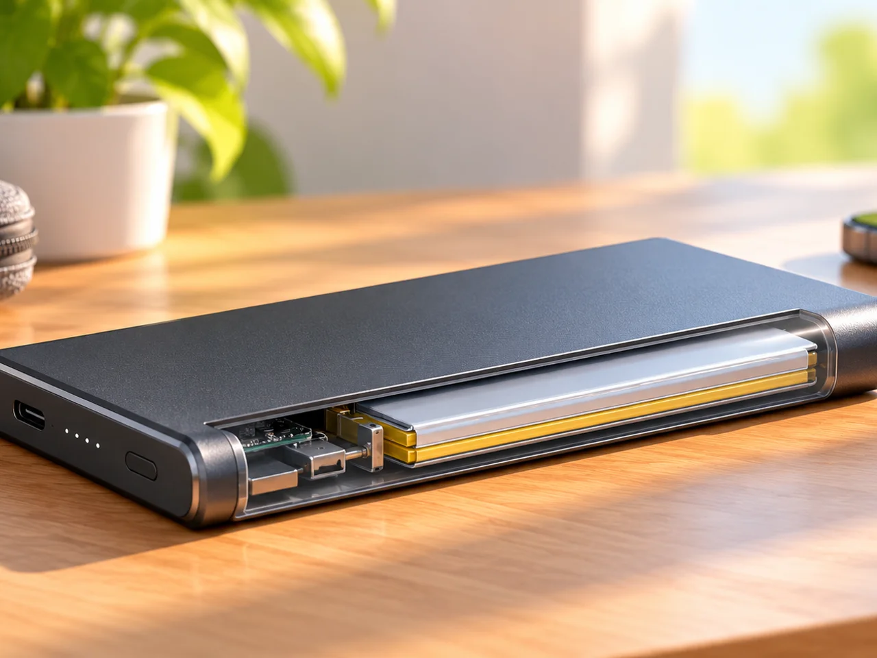 Powerbank auf einem Holztisch mit geöffnetem Gehäuseausschnitt, der die flache Akkuzelle und die Platine im Inneren zeigt