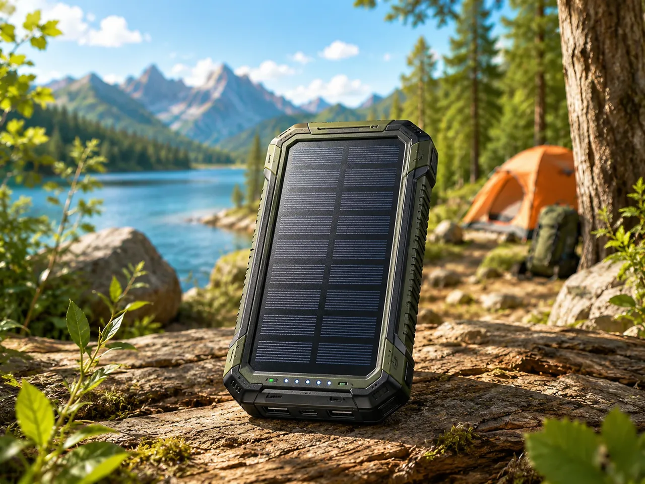 Illustration: Solar-Powerbank beim Camping