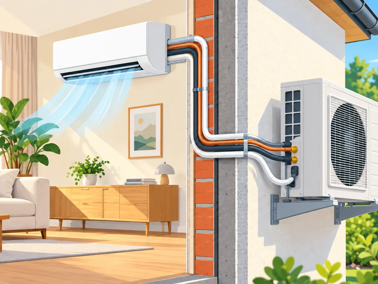 Illustration: Split-Klimaanlage mit Innengerät im Wohnzimmer und Außengerät an der Hauswand, dazwischen sichtbare Kältemittelleitungen durch die Wanddurchführung