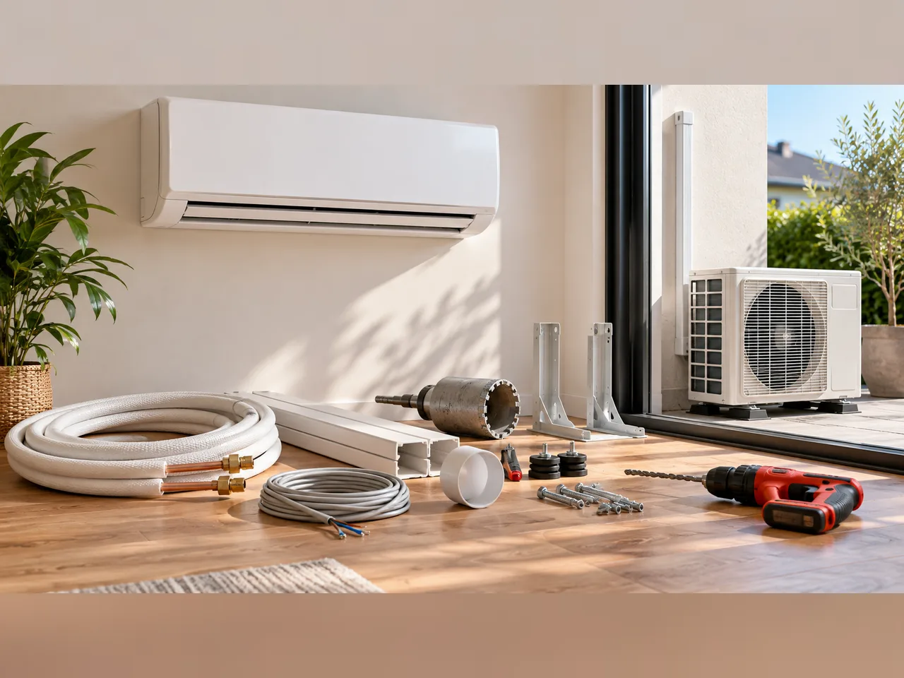 Split-Klimaanlage mit Innen- und Außengerät sowie vorbereitetem Installationsmaterial