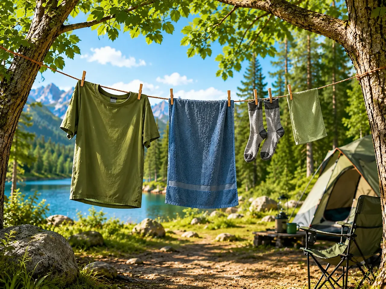 Illustration: Wäsche trocknen beim Camping