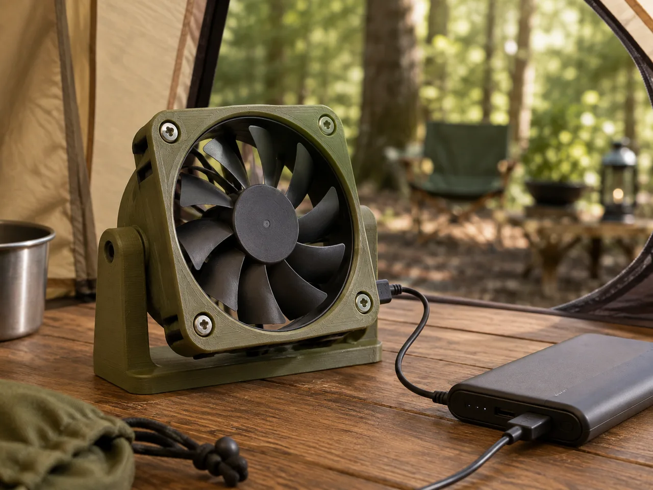 Illustration: USB-Zeltlüfter aus PC-Lüfter und 3D-gedrucktem Gehäuse